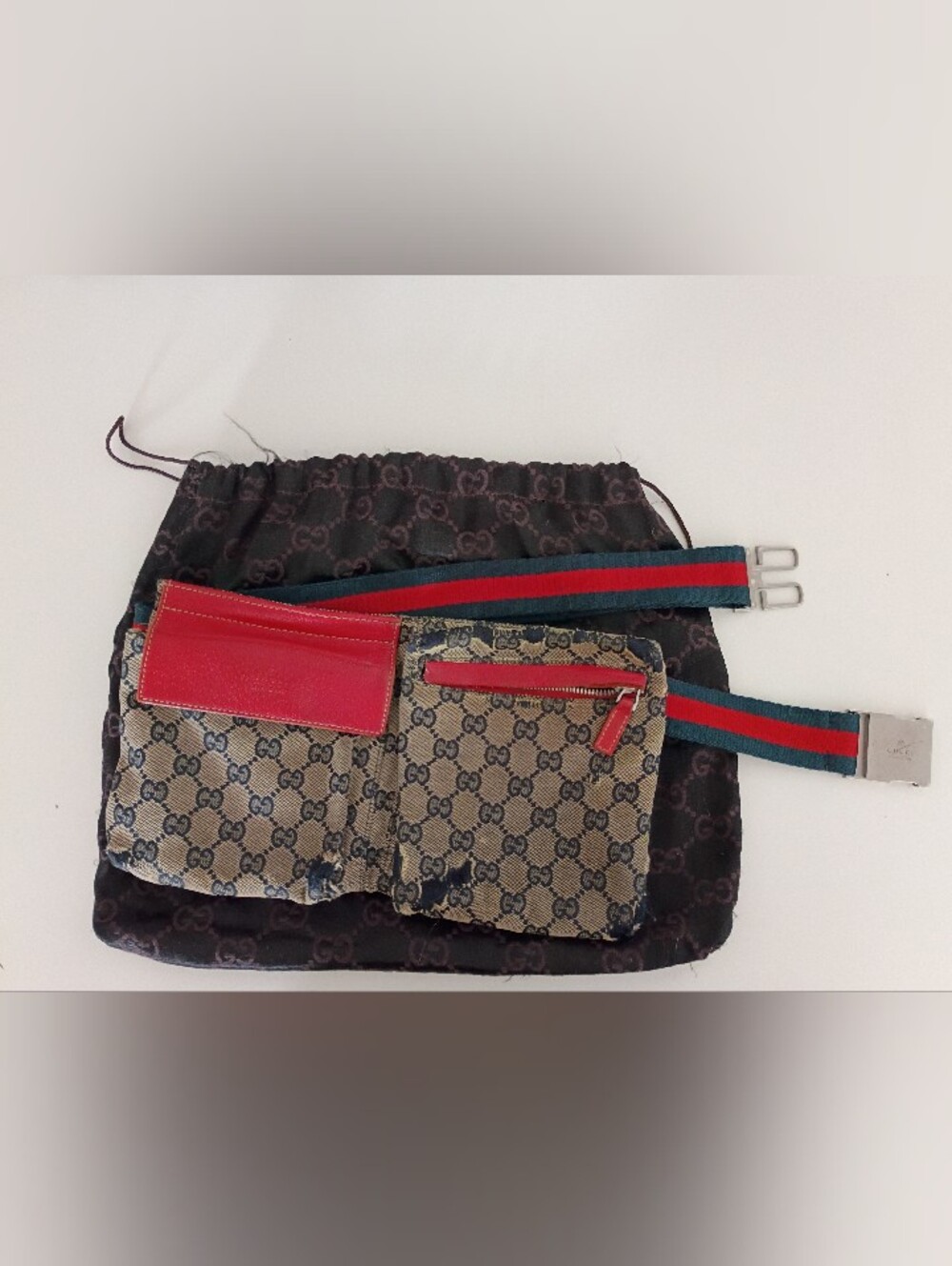 Gucci Brown GG Canvas Belt Bag with Red Leather and Green-Red Web Strap